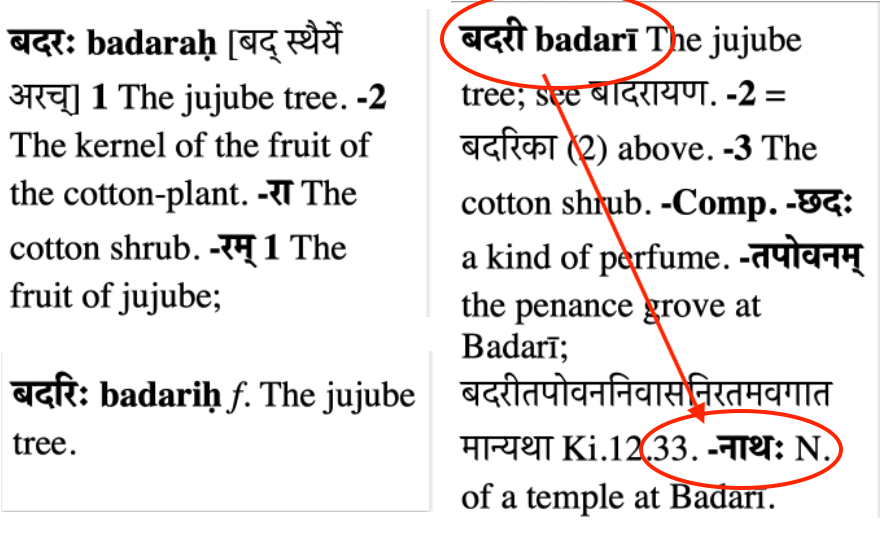 संस्कृत के शब्दकोश में दरः, बदरिः, बदर और बदरीनाथ की प्रविष्टियाँ और अर्थ