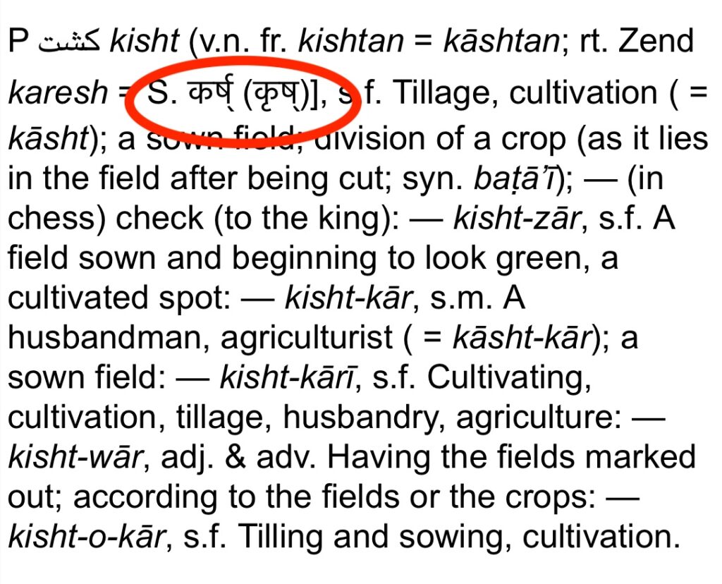 किस्त या किश्त फ़ारसी के किश्त या किश्त और संस्कृत के कृष् में संबंध प्लैट्स का कोश